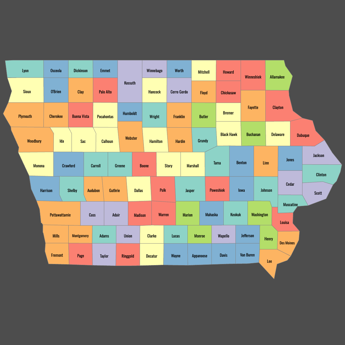 Colored Map of Iowa Counties with Labels (Dark Theme)