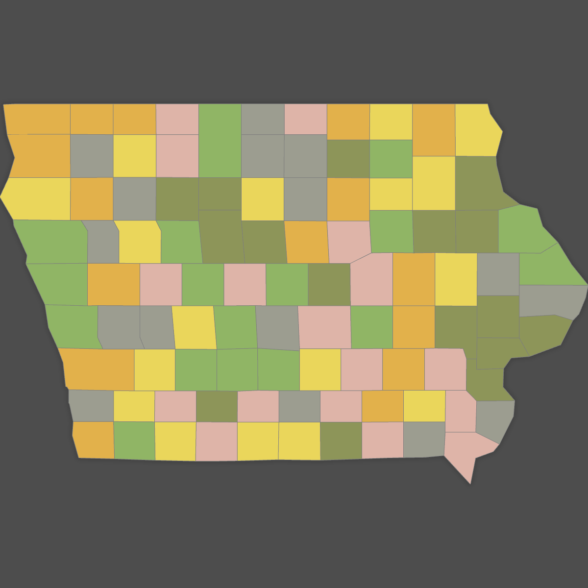 Colored Map of Iowa Counties (Dark Theme)