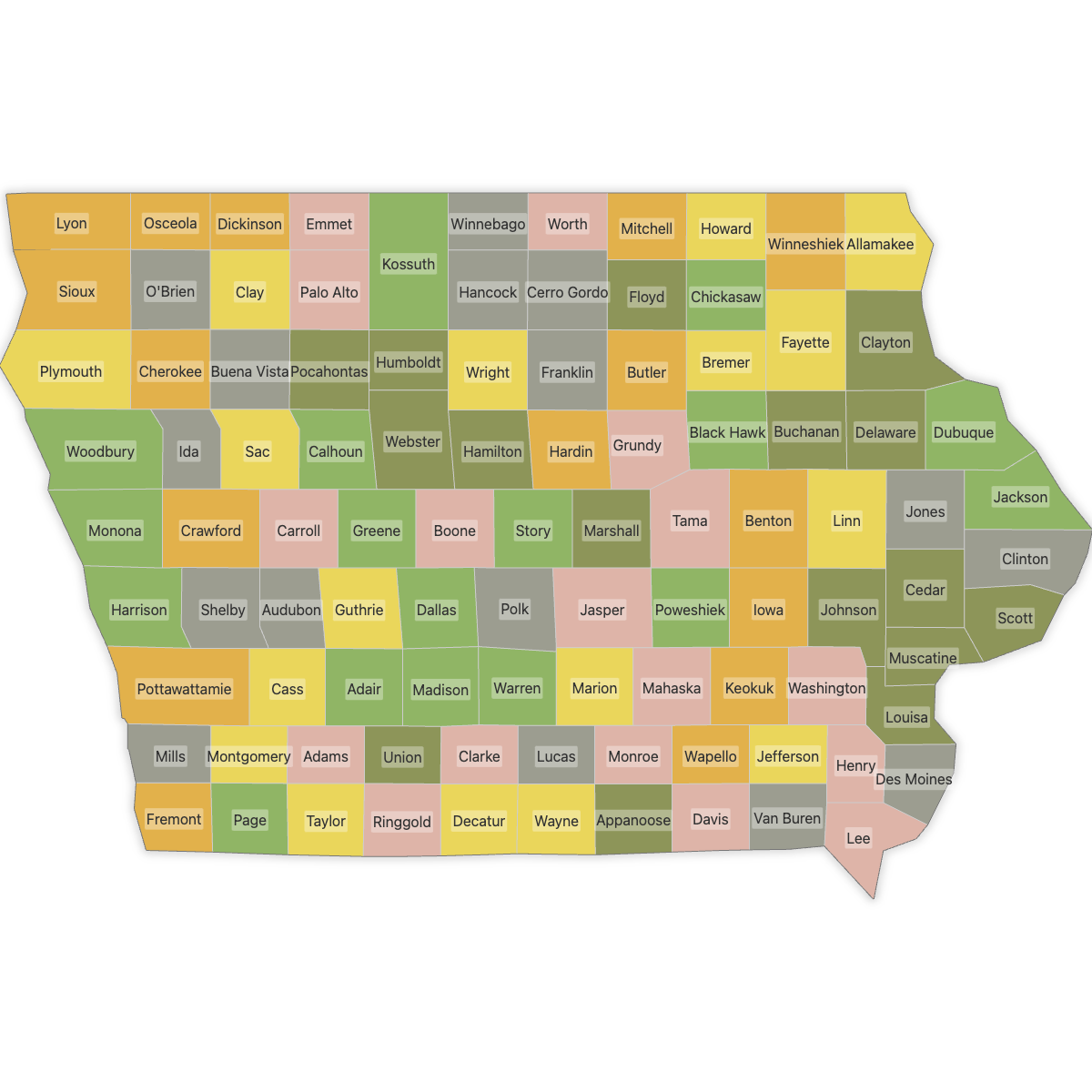 Colored Map of Iowa Counties with Labels