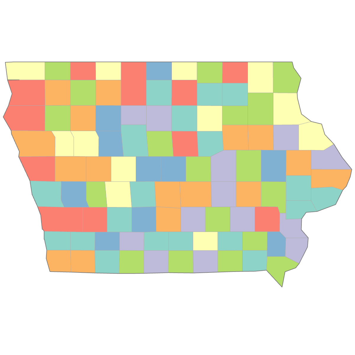 Colored Map of Iowa Counties