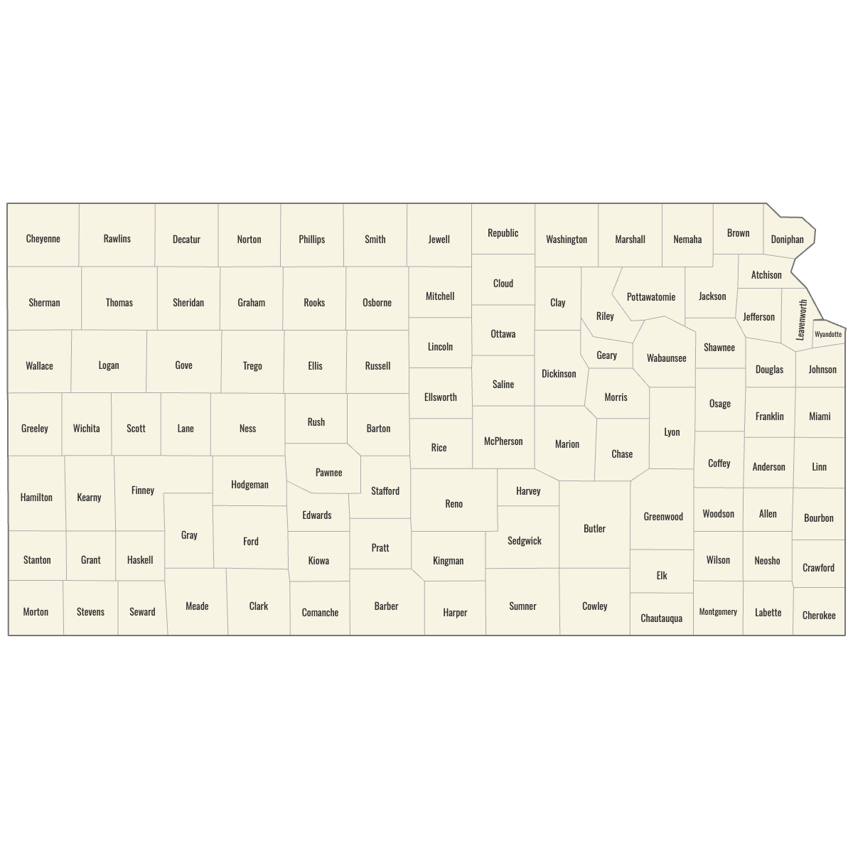 Blank Map of Kansas Counties with Labels