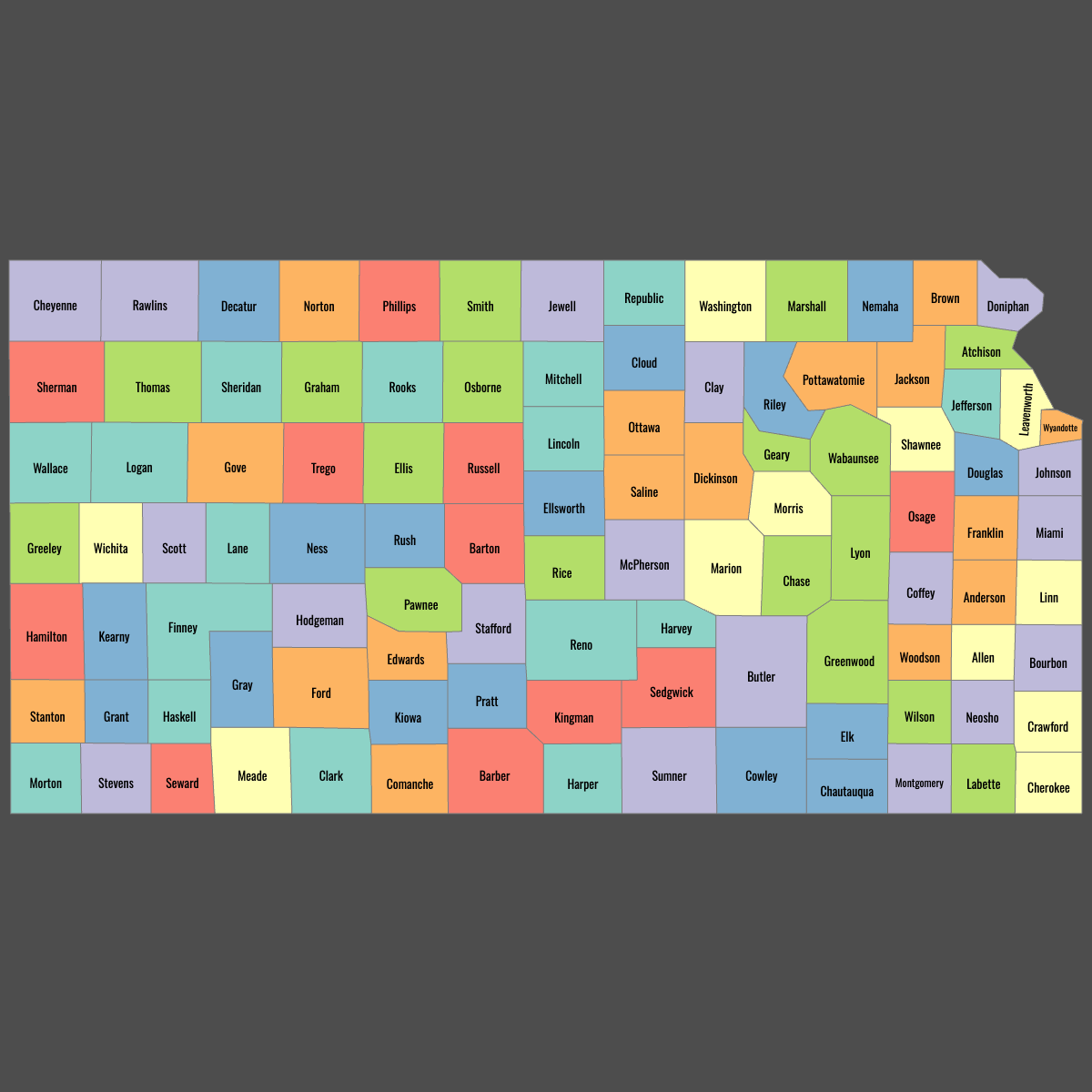 Colored Map of Kansas Counties with Labels (Dark Theme)