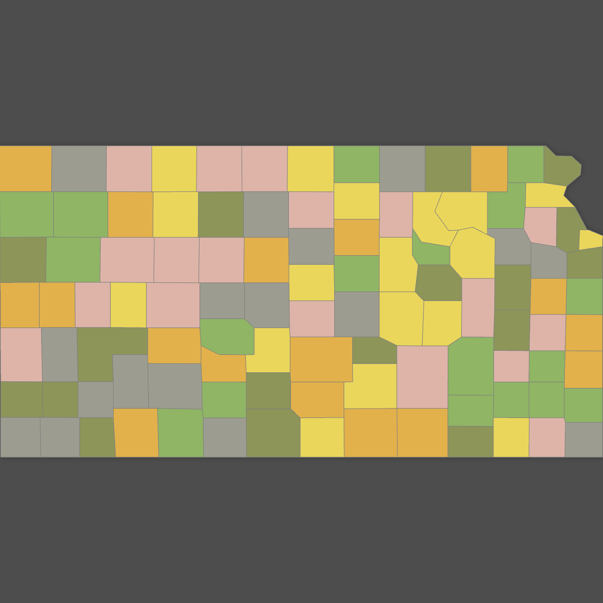 Colored Map of Kansas Counties (Dark Theme)