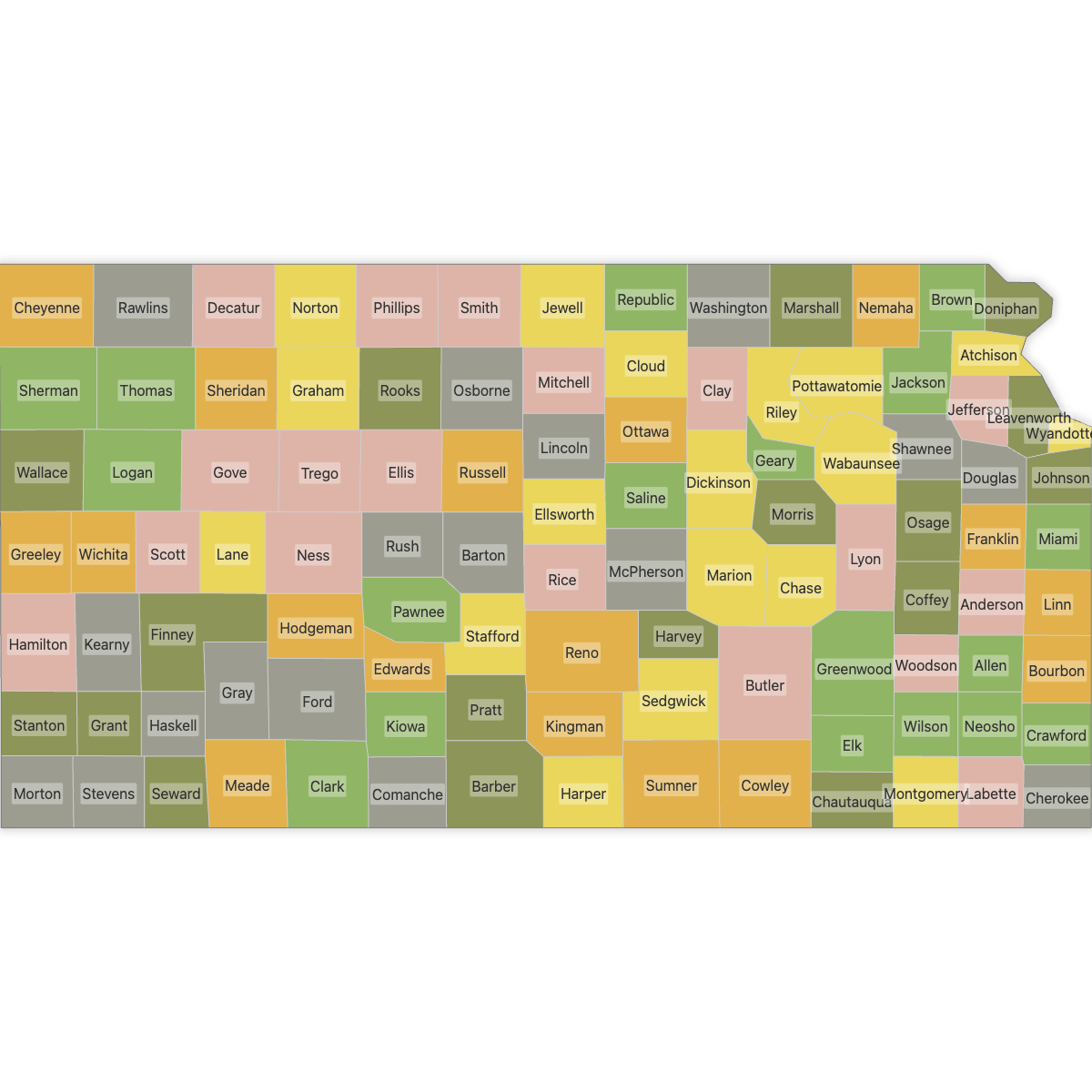 Colored Map of Kansas Counties with Labels