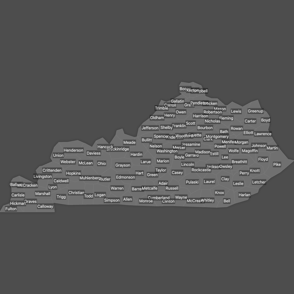 Blank Map of Kentucky Counties with Labels (Dark Theme)