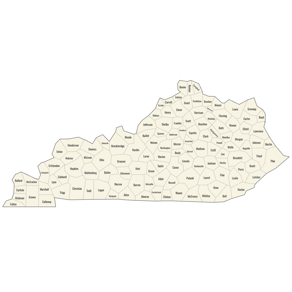 Blank Map of Kentucky Counties with Labels