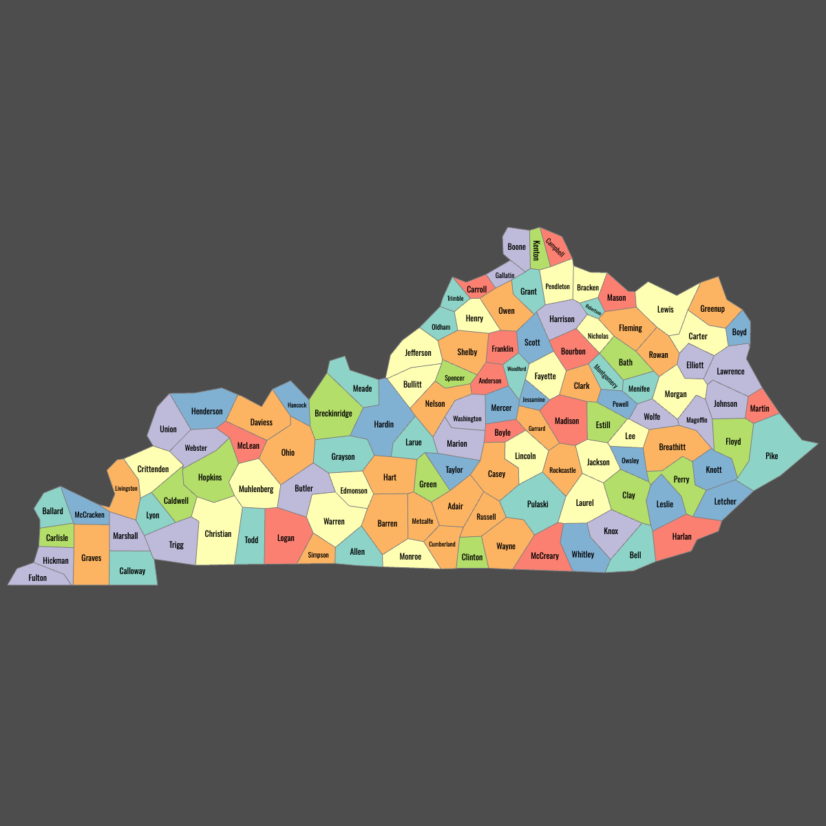 Colored Map of Kentucky Counties with Labels (Dark Theme)