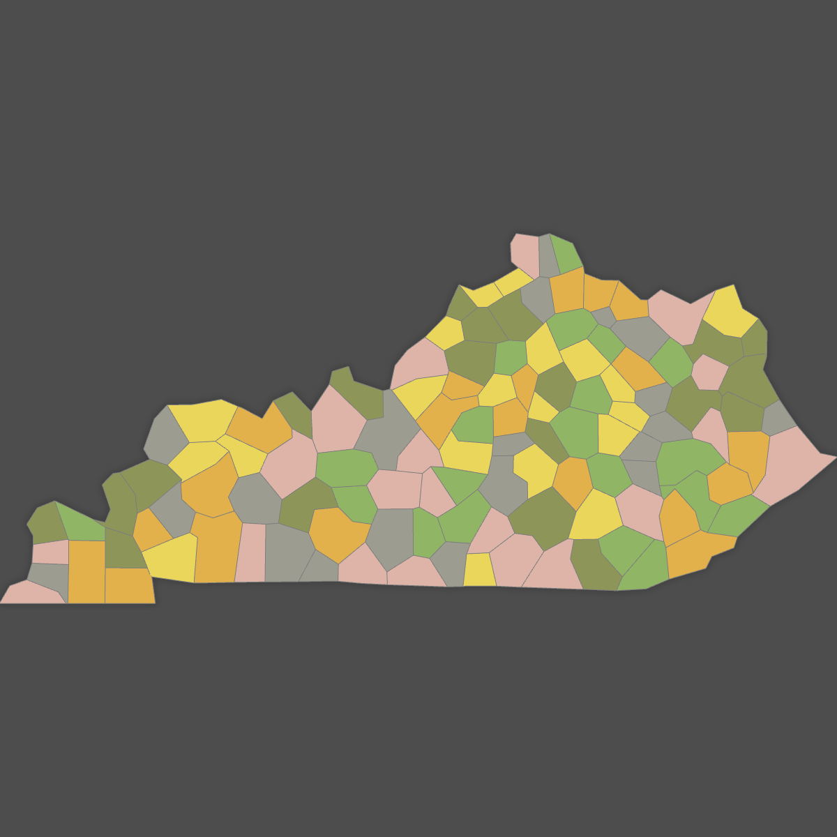 Colored Map of Kentucky Counties (Dark Theme)