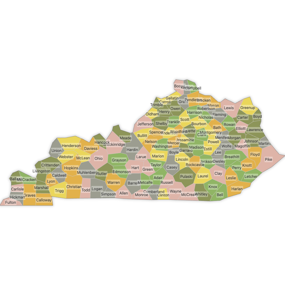 Colored Map of Kentucky Counties with Labels