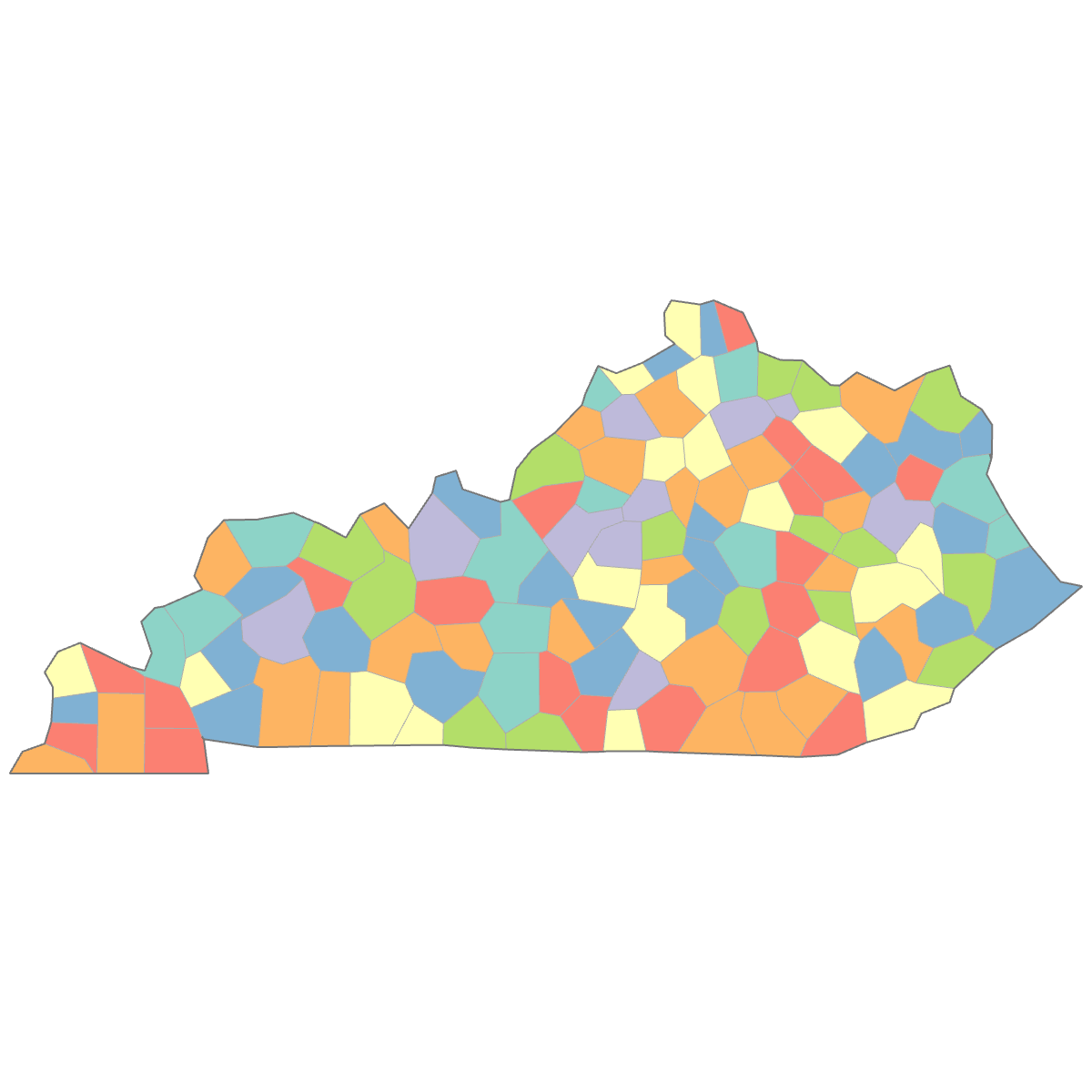 Colored Map of Kentucky Counties