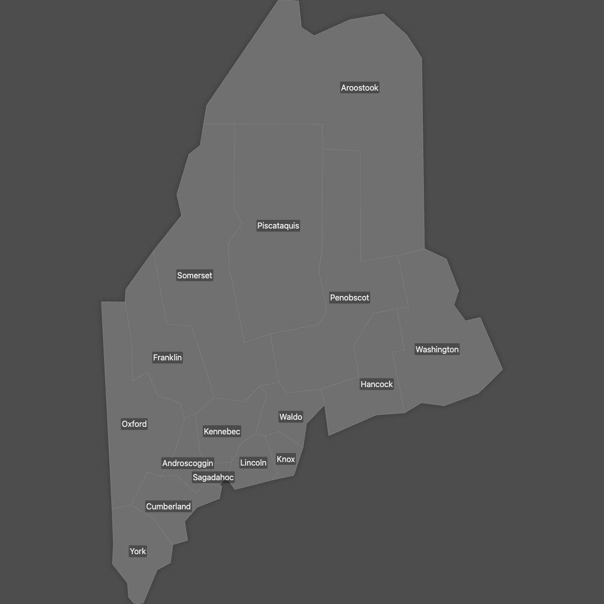 Blank Map of Maine Counties with Labels (Dark Theme)