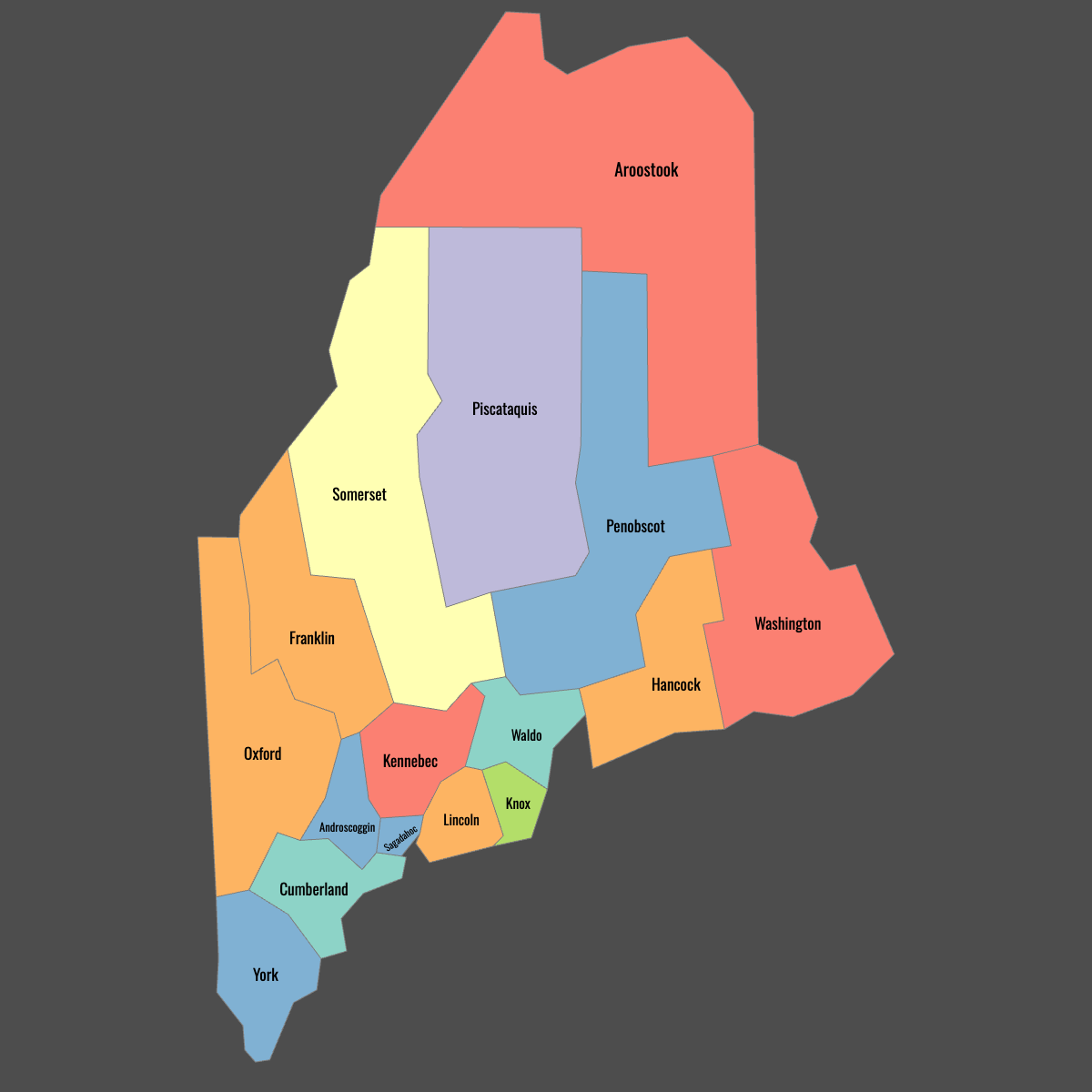 Colored Map of Maine Counties with Labels (Dark Theme)