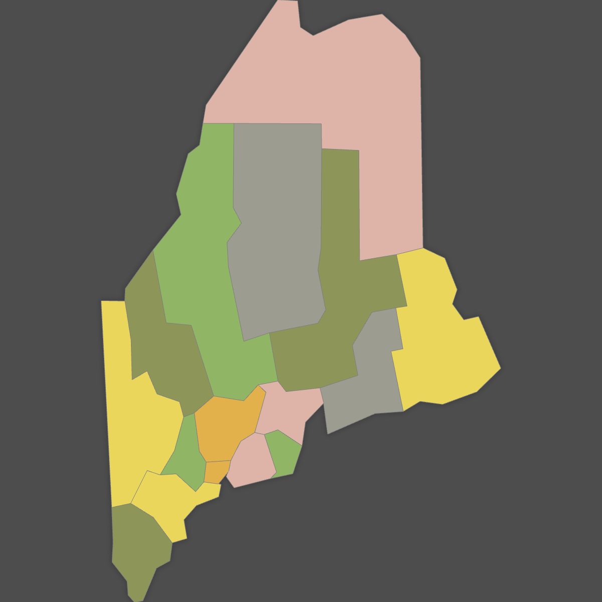 Colored Map of Maine Counties (Dark Theme)