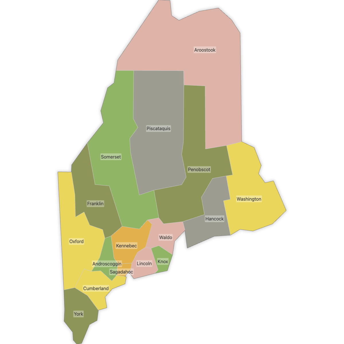 Colored Map of Maine Counties with Labels