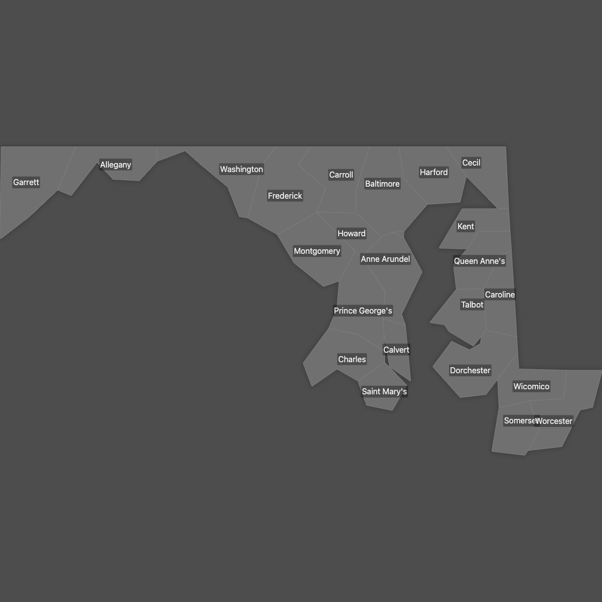 Blank Map of Maryland Counties with Labels (Dark Theme)