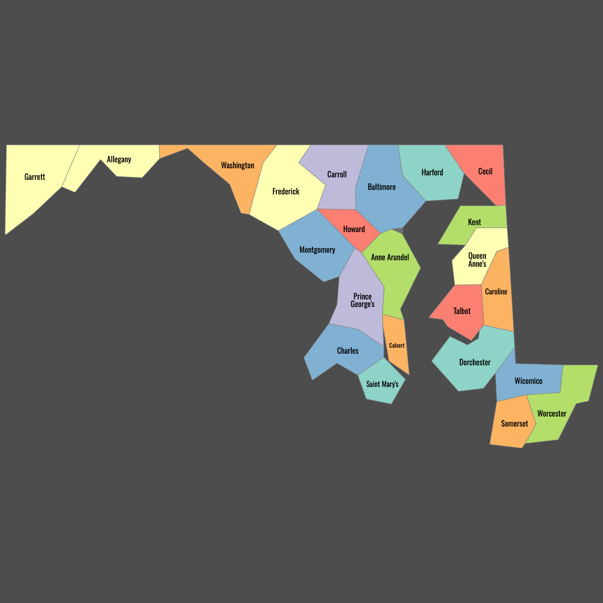 Colored Map of Maryland Counties with Labels (Dark Theme)