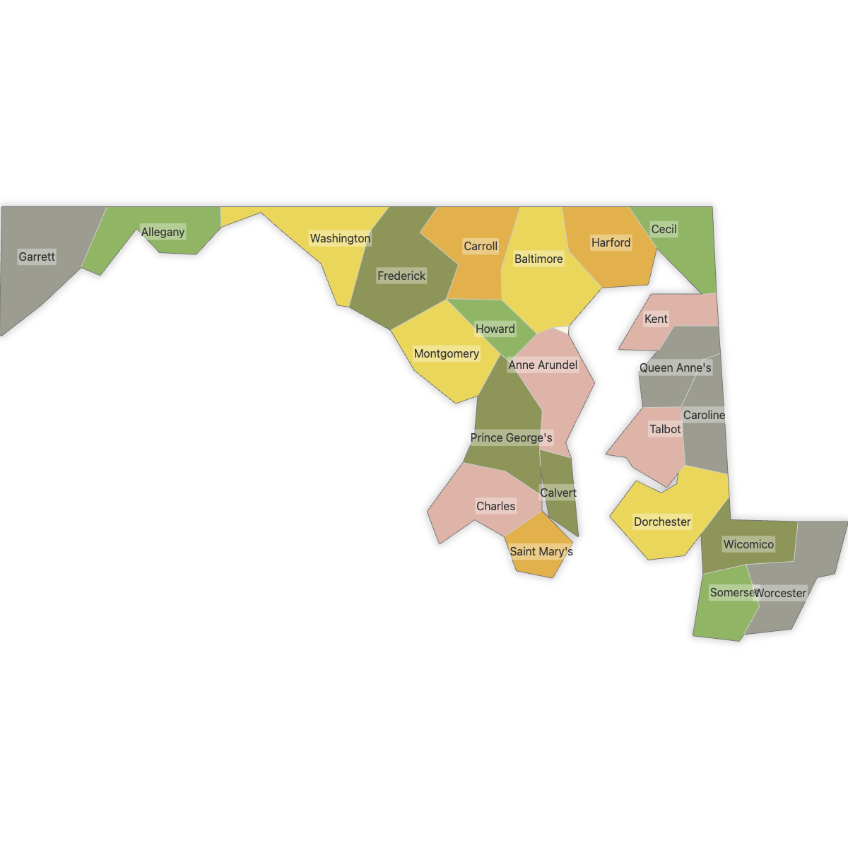 Colored Map of Maryland Counties with Labels