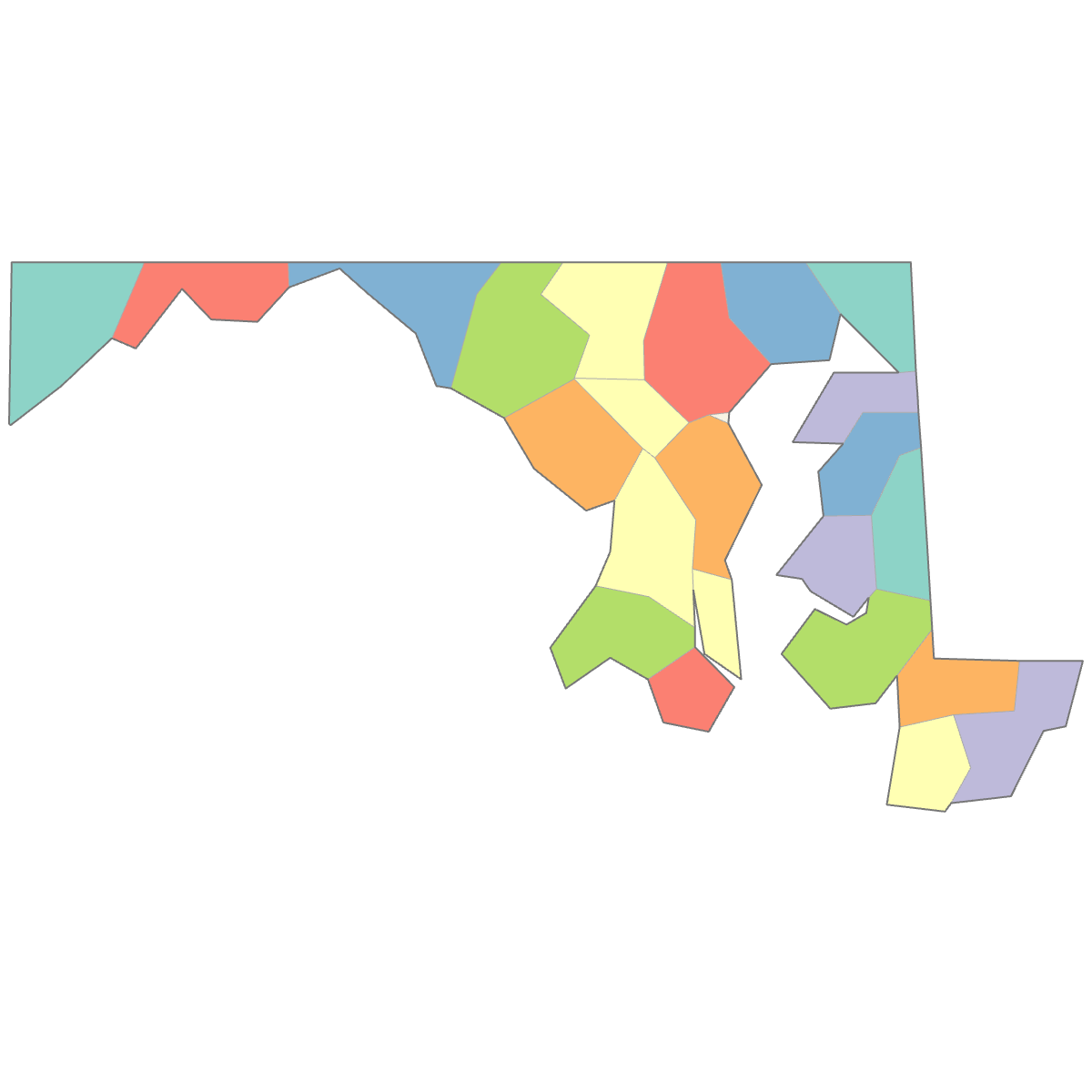 Colored Map of Maryland Counties