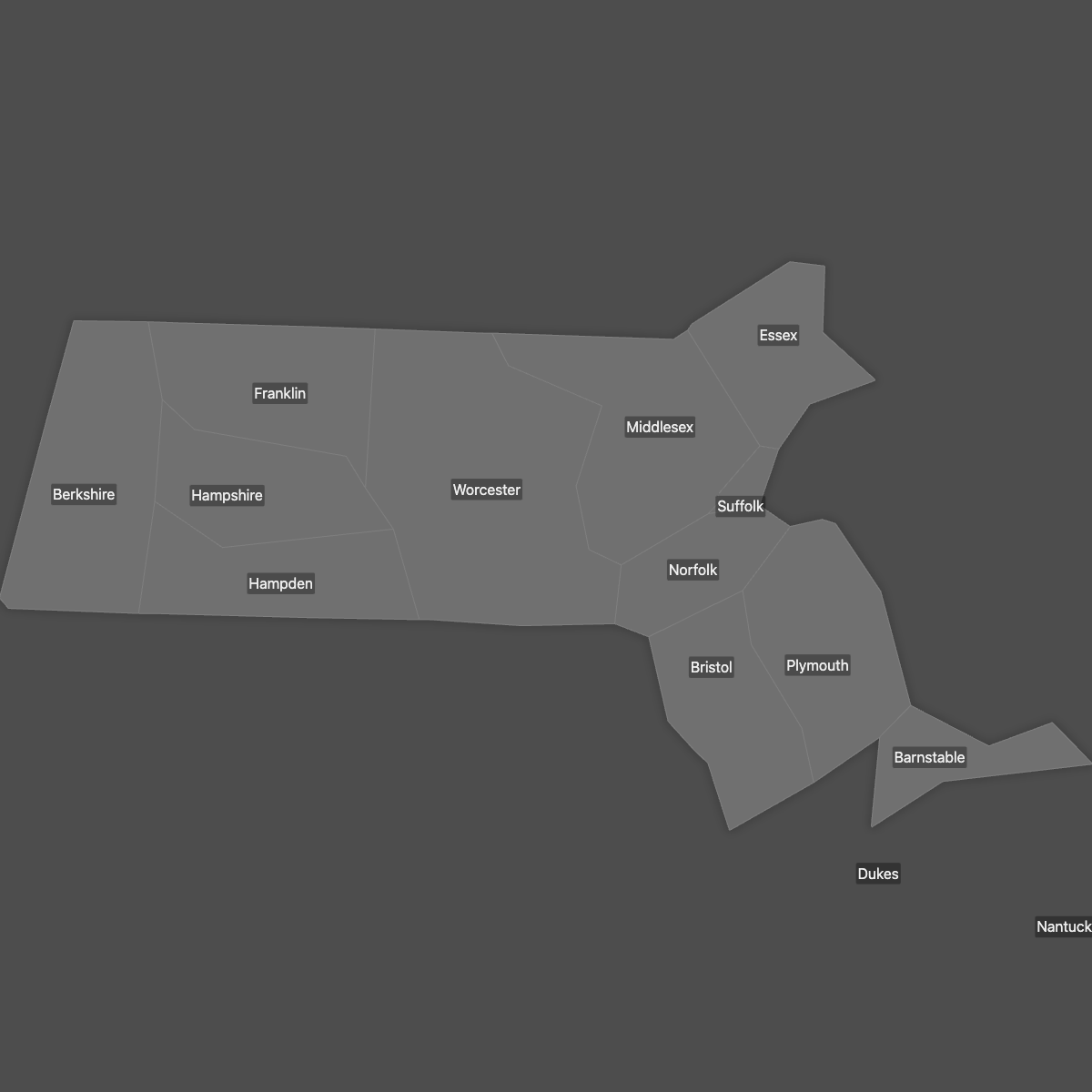 Blank Map of Massachusetts Counties with Labels (Dark Theme)