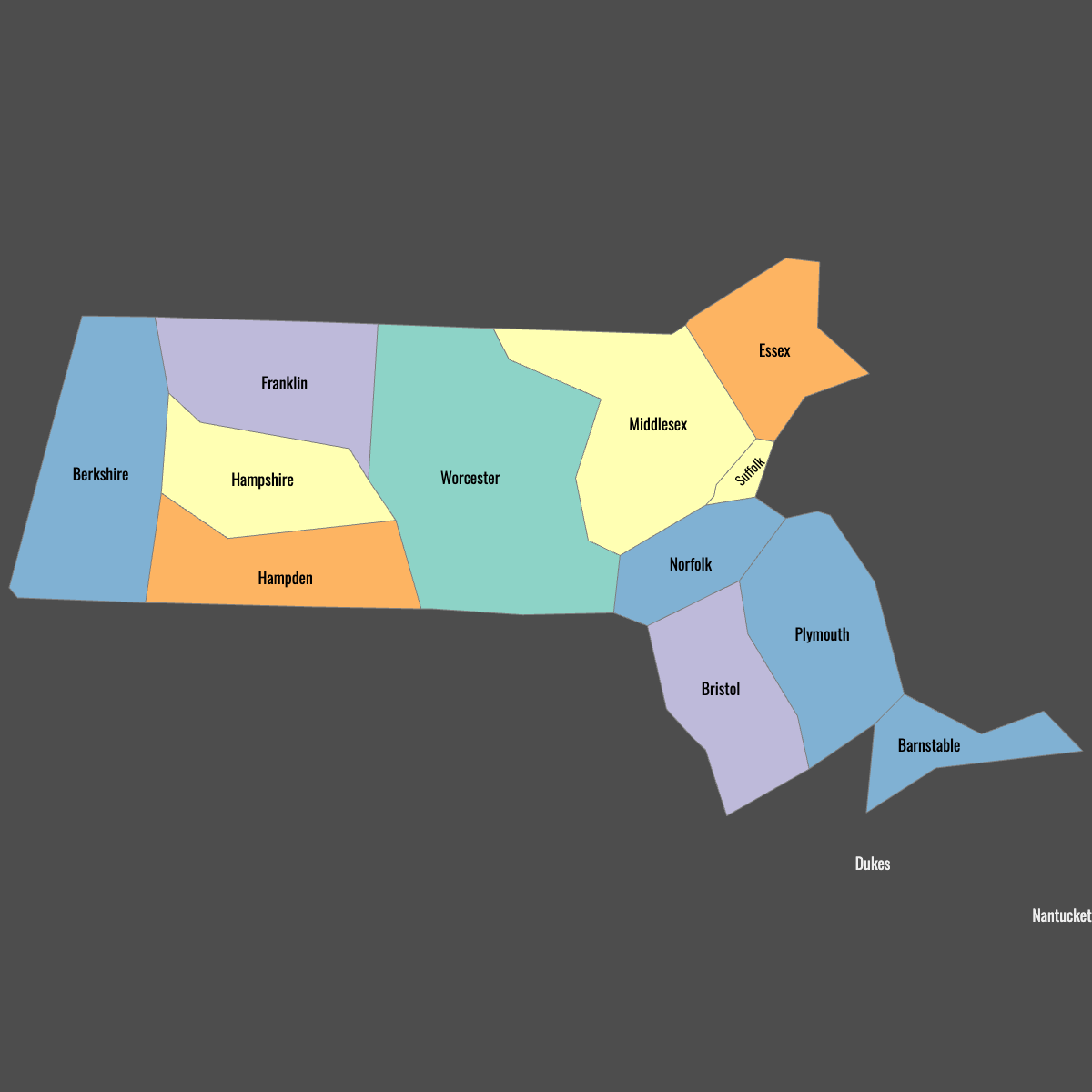 Colored Map of Massachusetts Counties with Labels (Dark Theme)