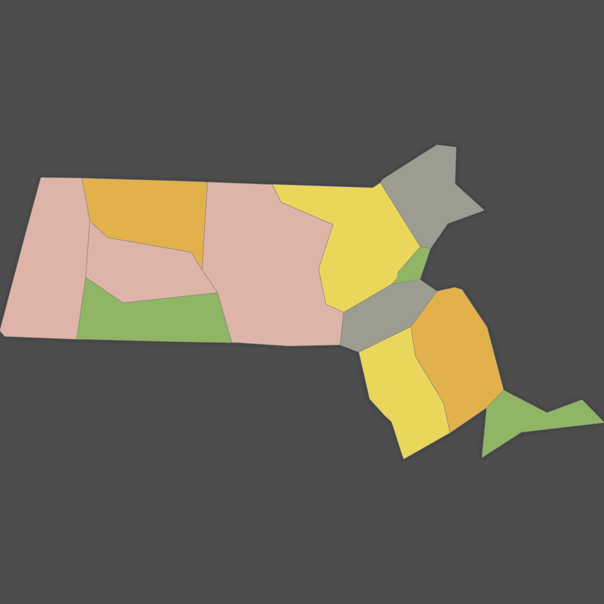 Colored Map of Massachusetts Counties (Dark Theme)