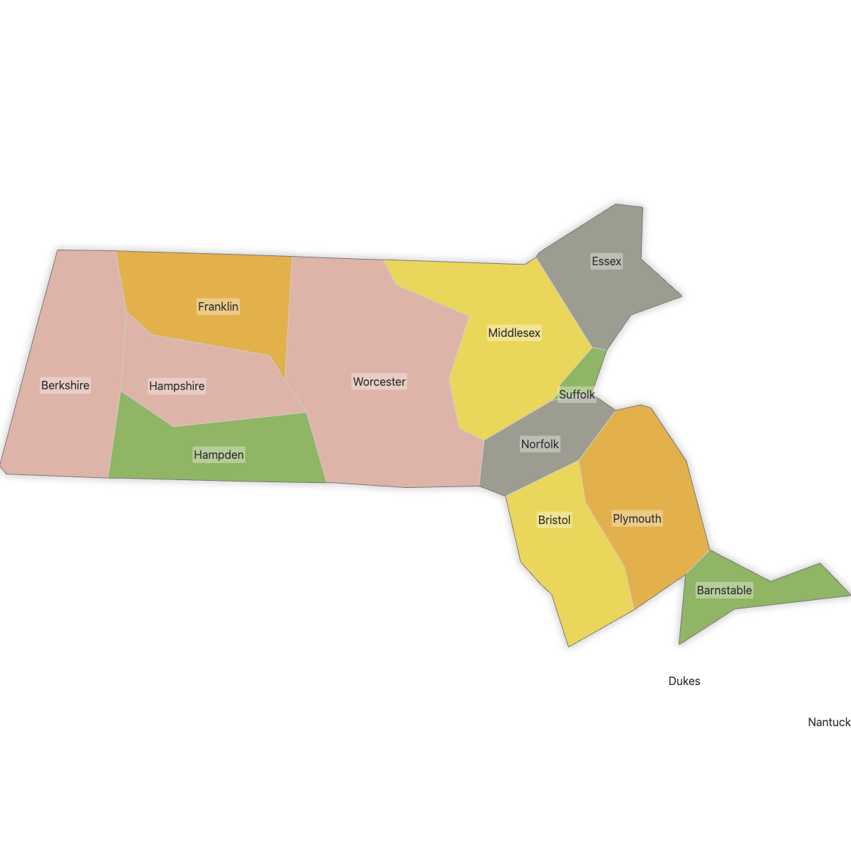 Colored Map of Massachusetts Counties with Labels