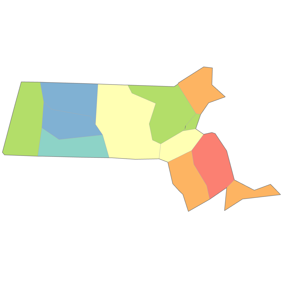 Colored Map of Massachusetts Counties