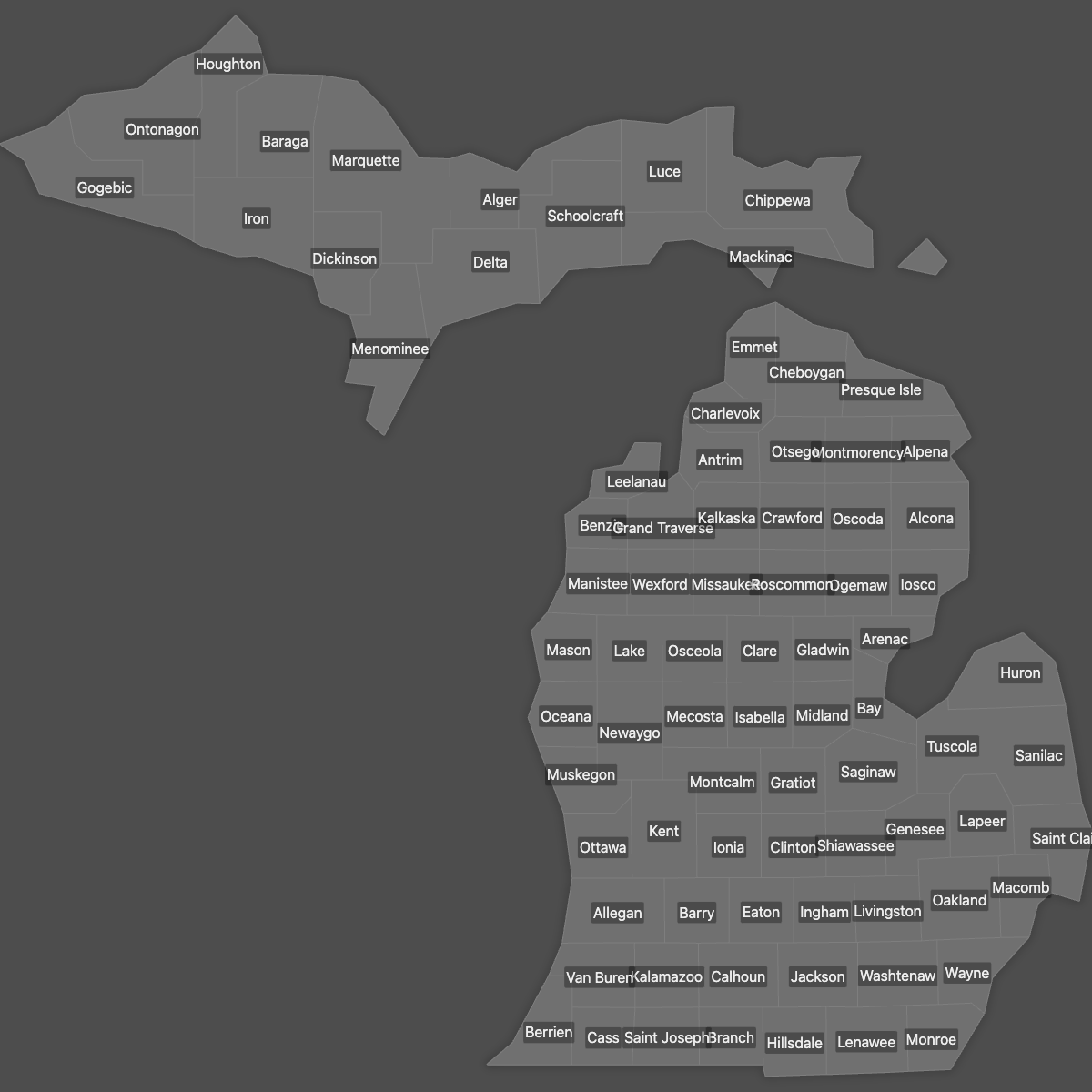 Blank Map of Michigan Counties with Labels (Dark Theme)