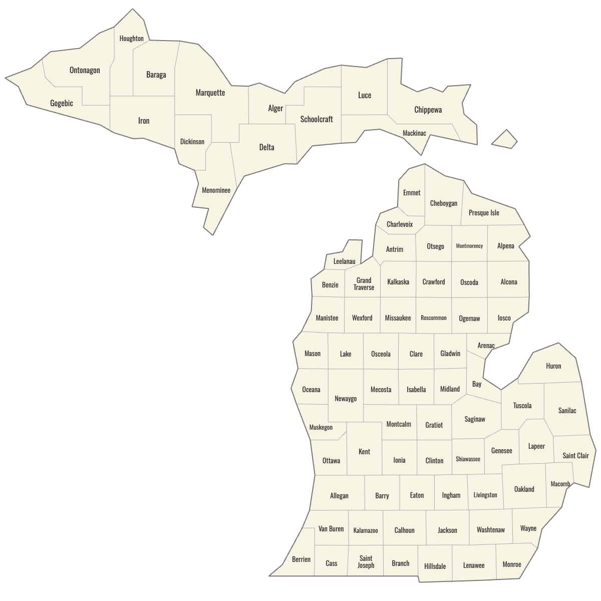 Blank Map of Michigan Counties with Labels