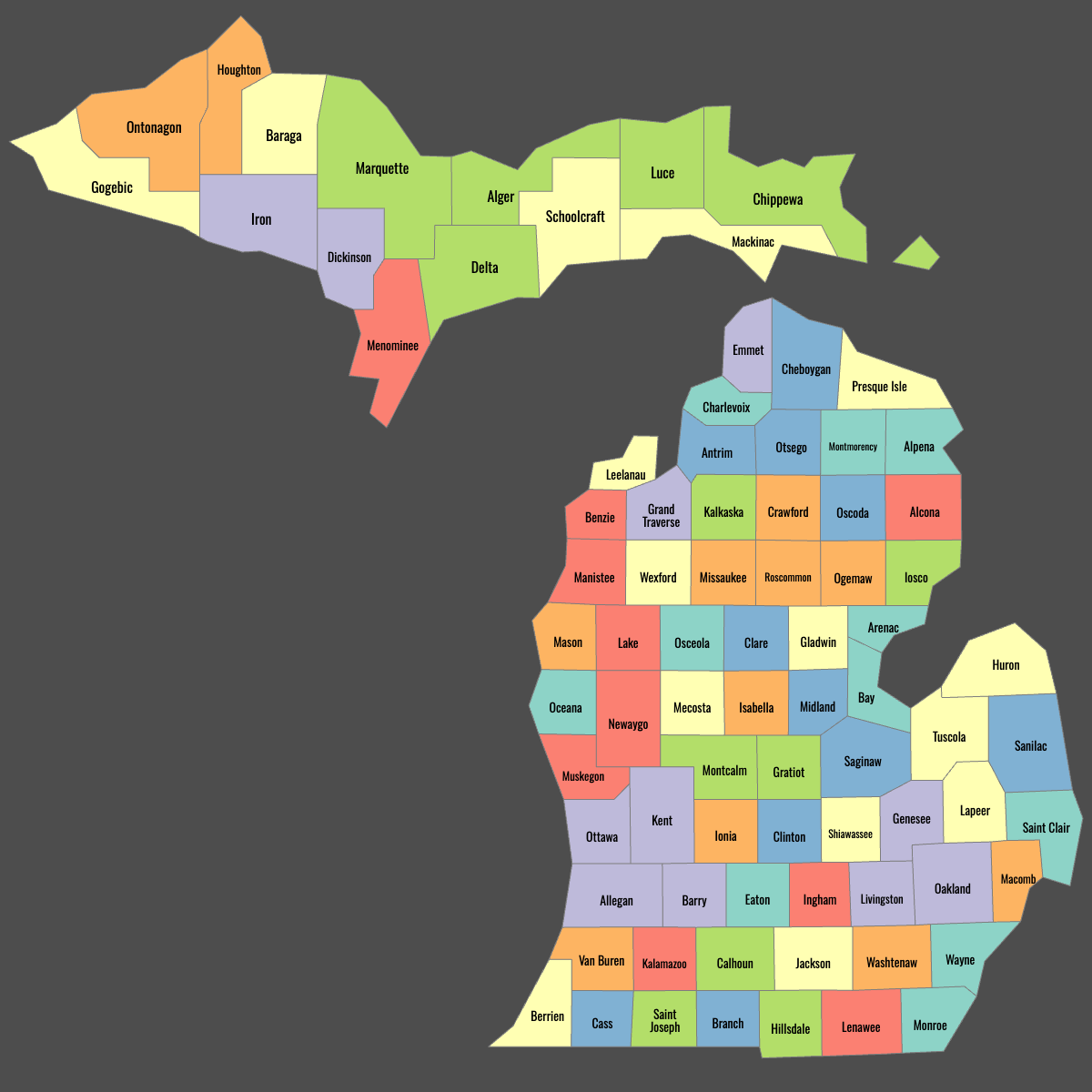 Colored Map of Michigan Counties with Labels (Dark Theme)