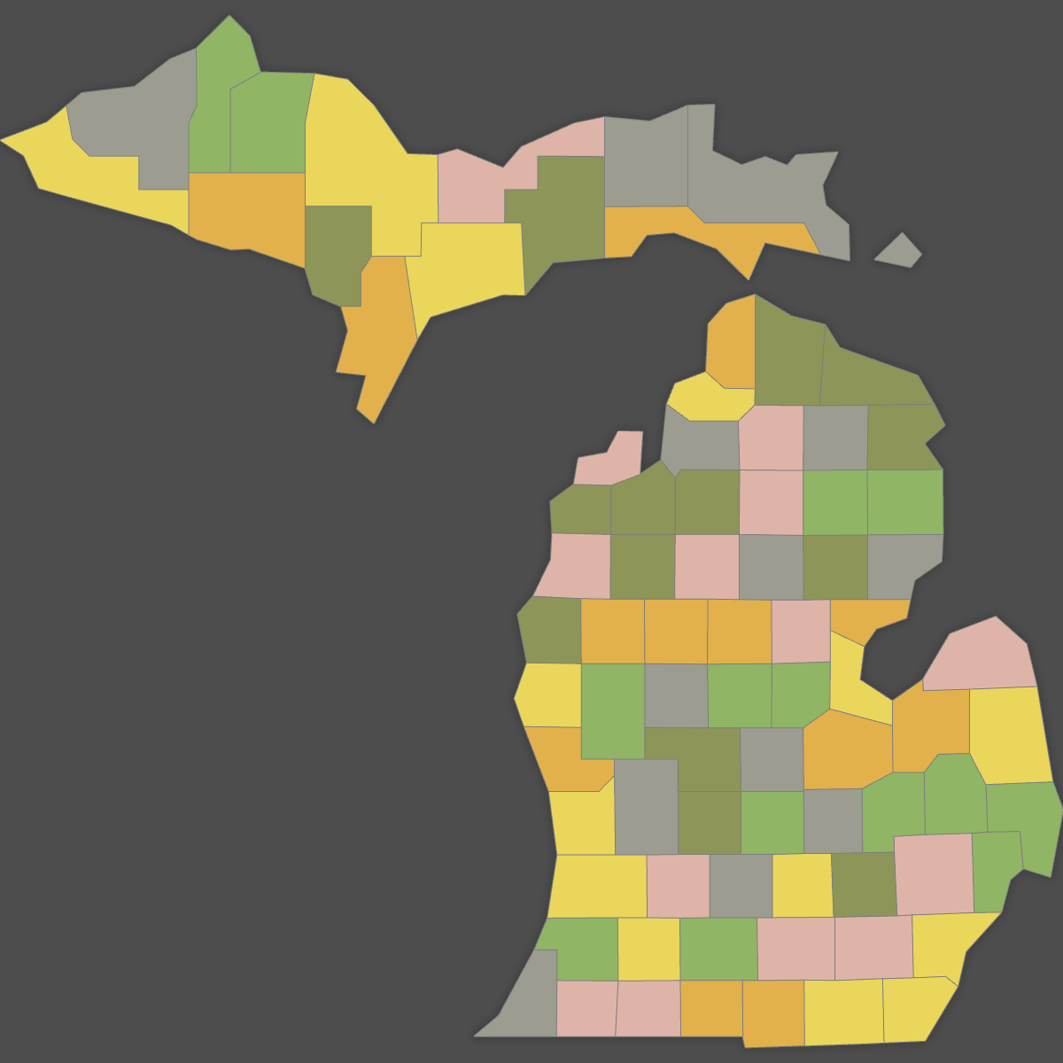 Colored Map of Michigan Counties (Dark Theme)