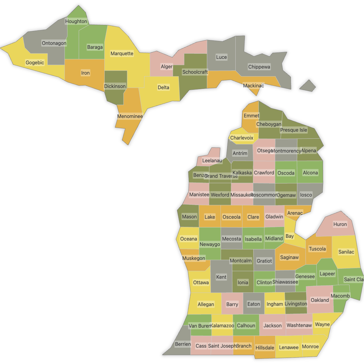 Colored Map of Michigan Counties with Labels