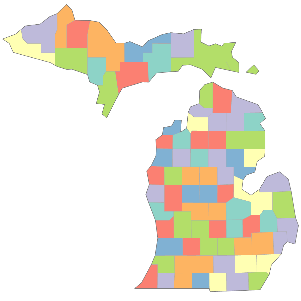 Colored Map of Michigan Counties