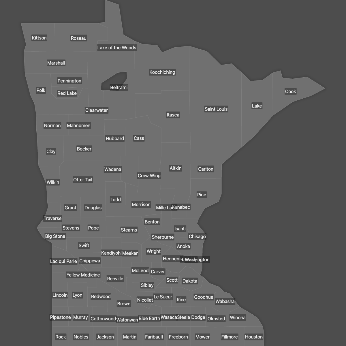 Blank Map of Minnesota Counties with Labels (Dark Theme)