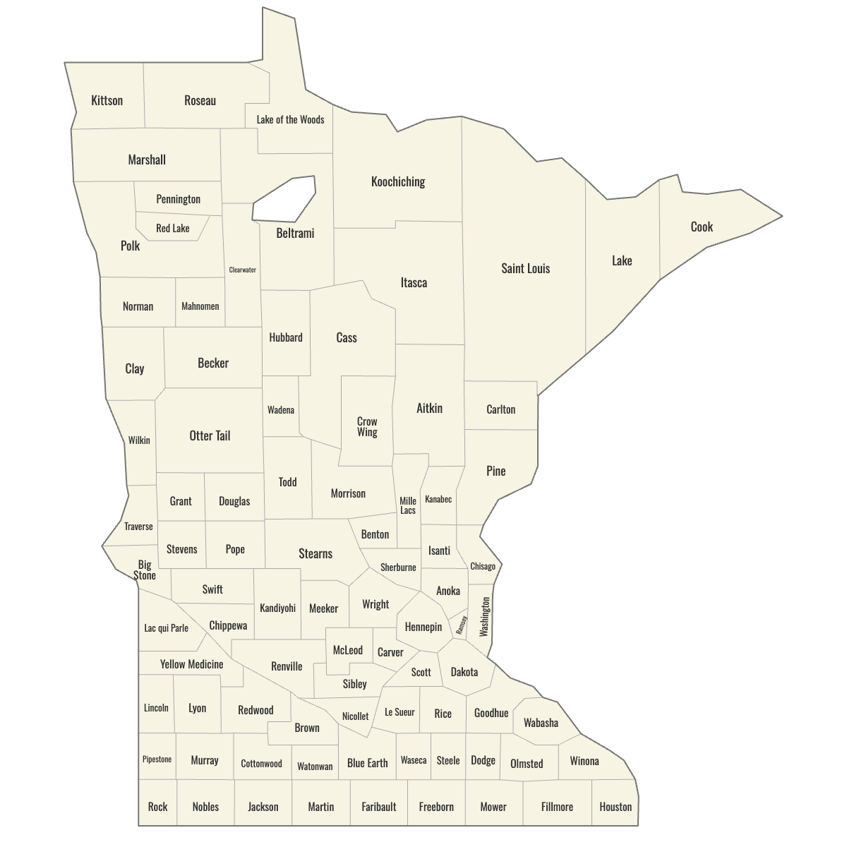 Blank Map of Minnesota Counties with Labels