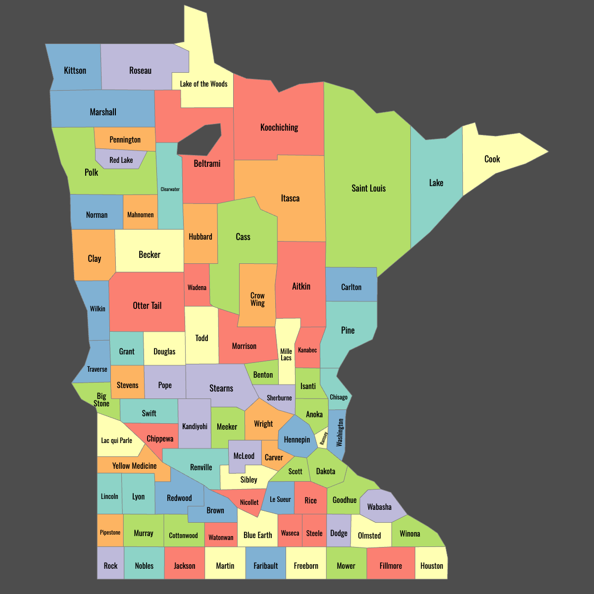 Colored Map of Minnesota Counties with Labels (Dark Theme)