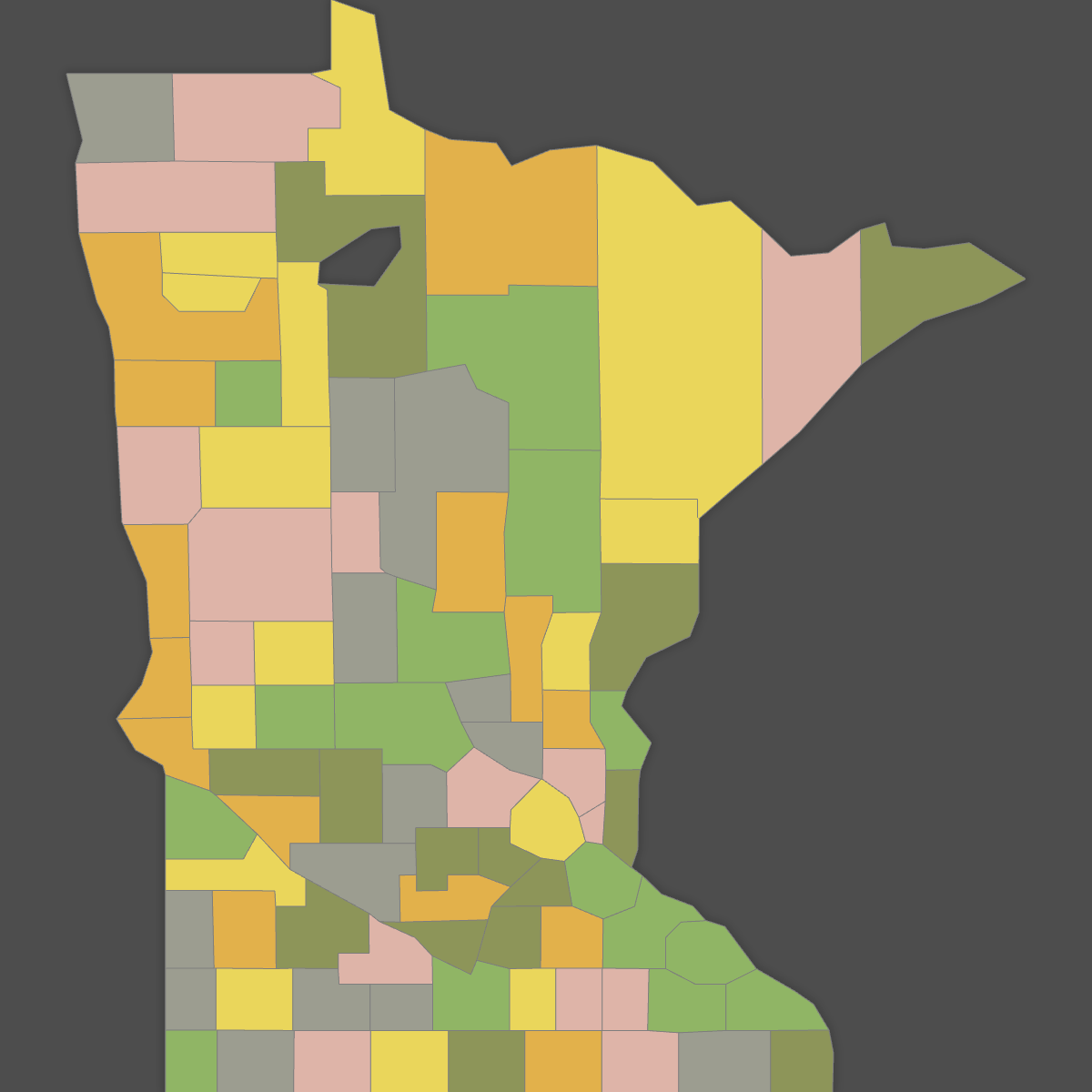 Colored Map of Minnesota Counties (Dark Theme)