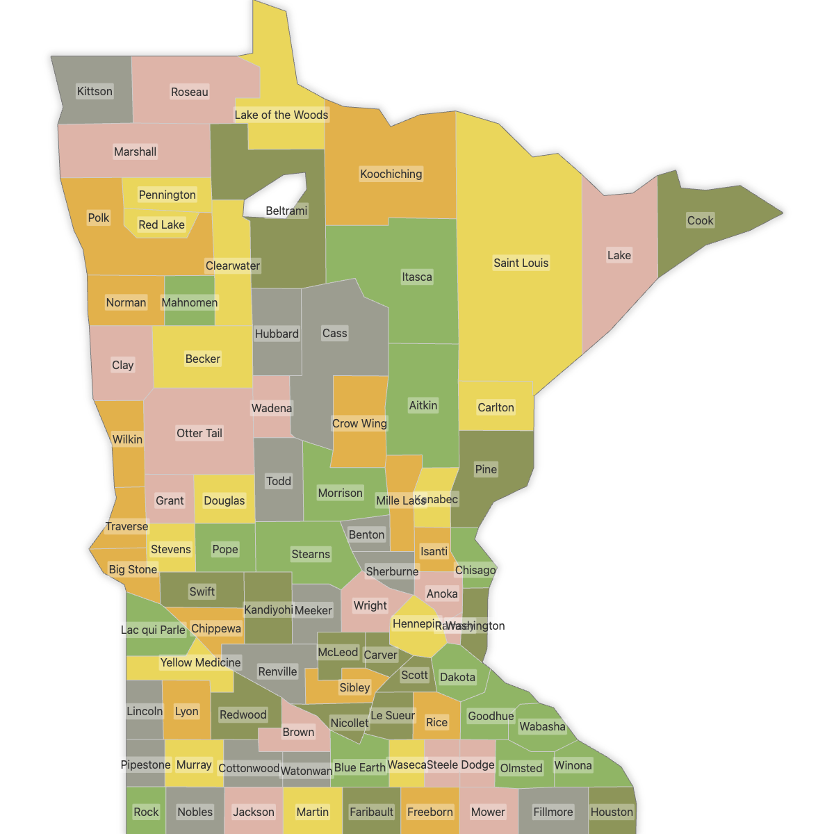 Colored Map of Minnesota Counties with Labels