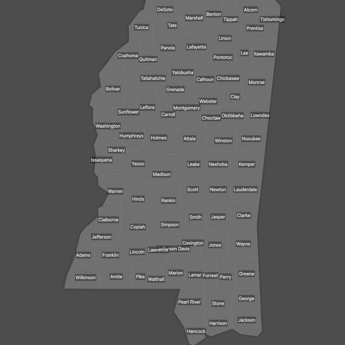 Blank Map of Mississippi Counties with Labels (Dark Theme)