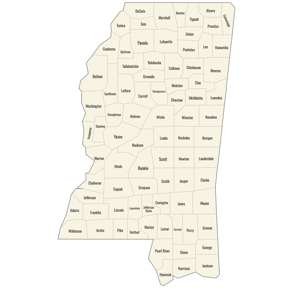 Blank Map of Mississippi Counties with Labels