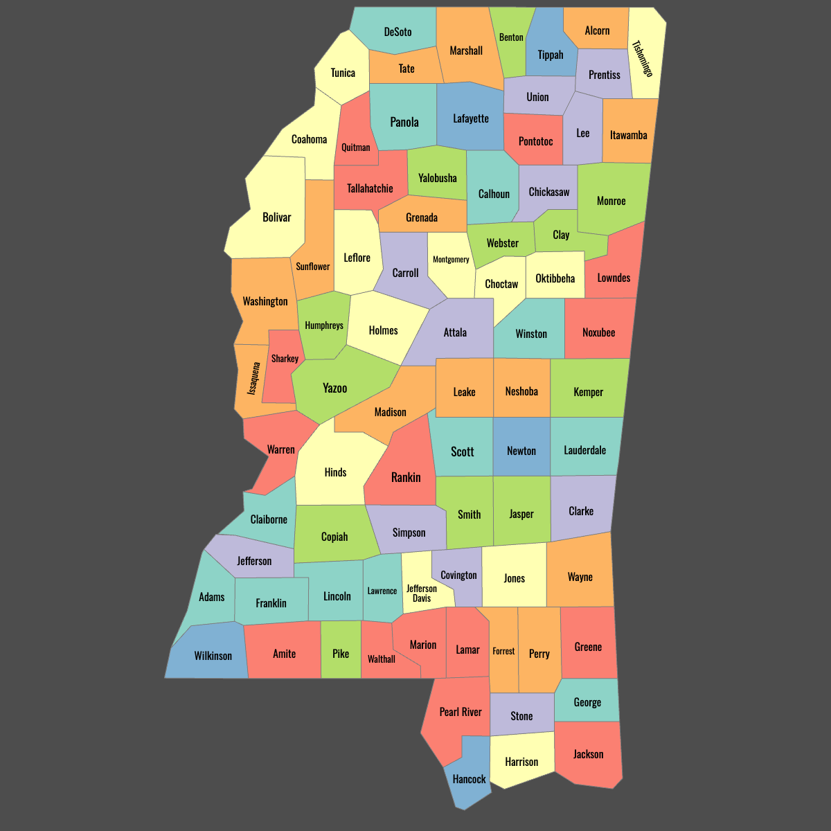 Colored Map of Mississippi Counties with Labels (Dark Theme)