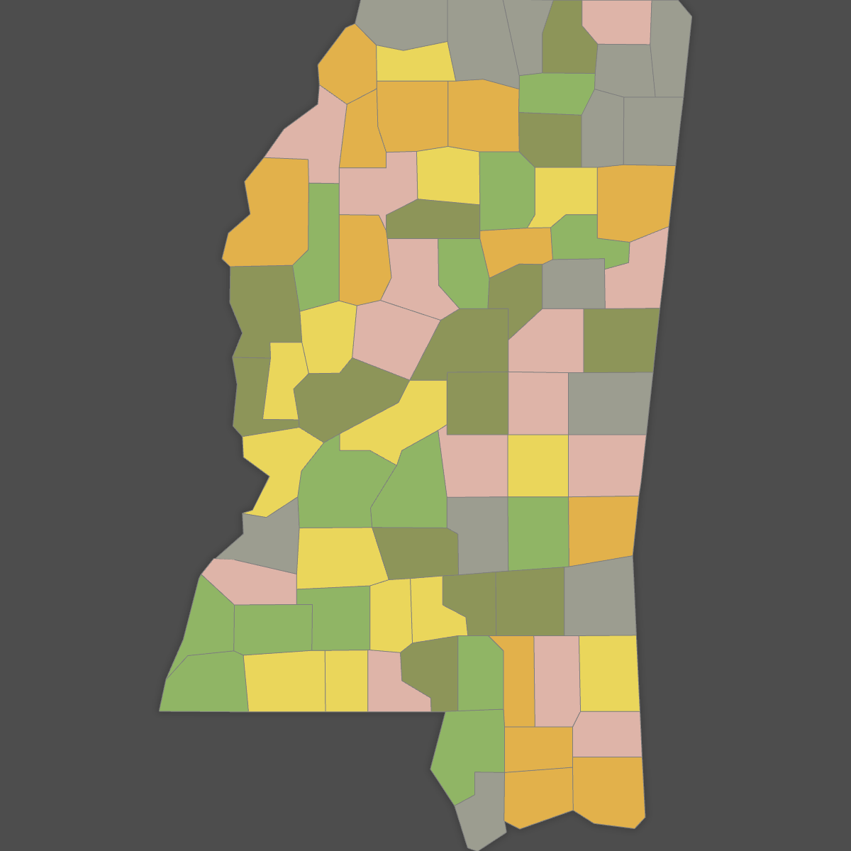 Colored Map of Mississippi Counties (Dark Theme)