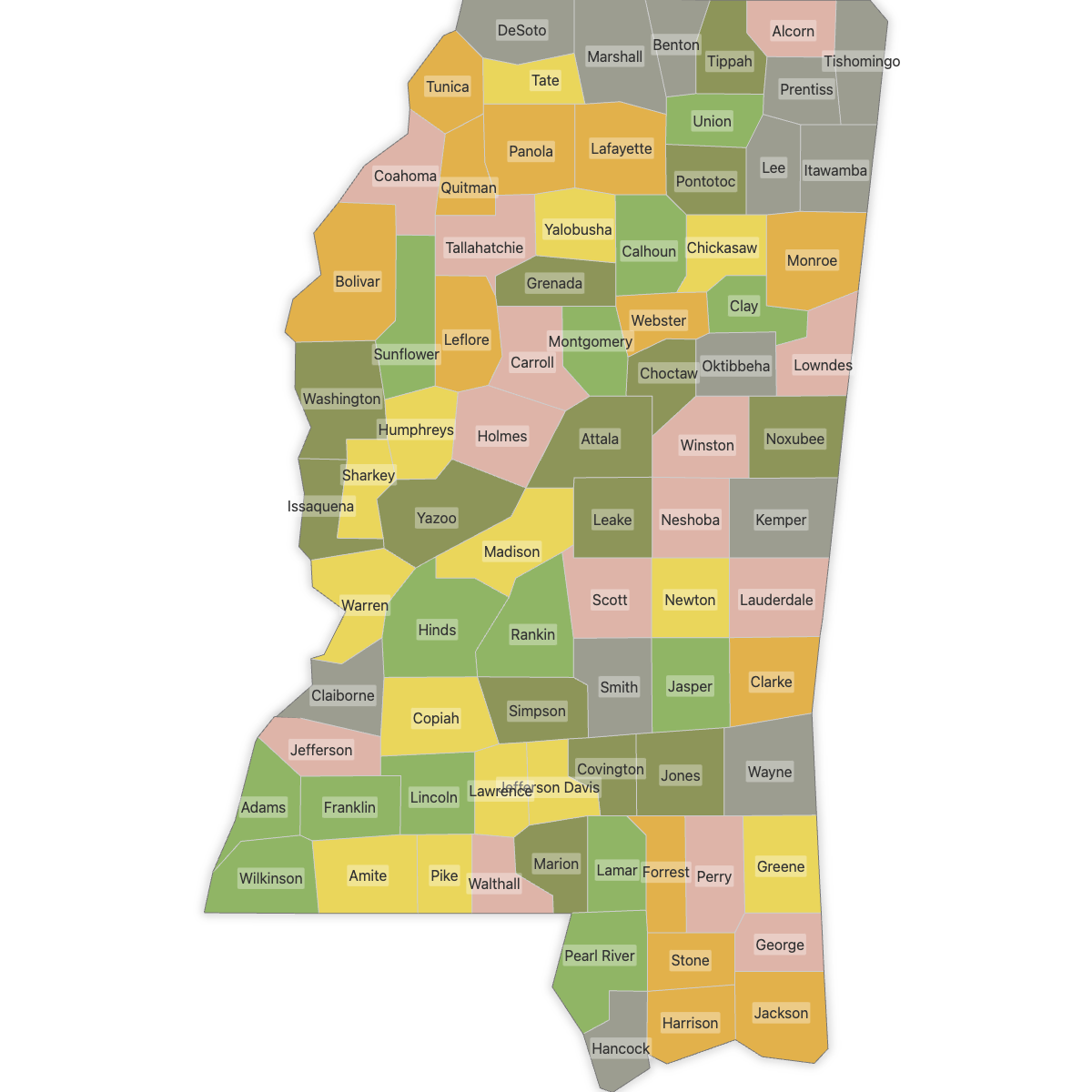 Colored Map of Mississippi Counties with Labels