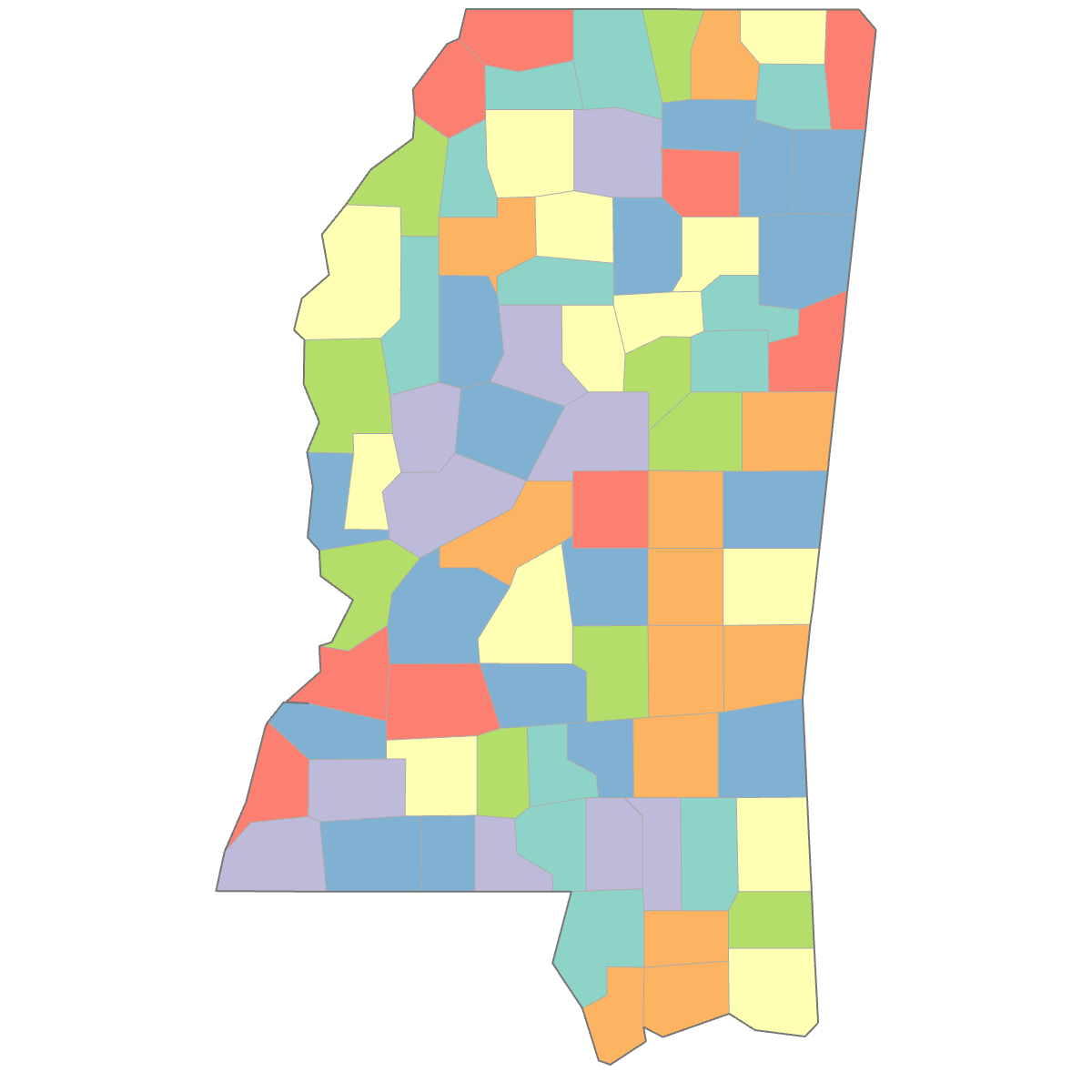 Colored Map of Mississippi Counties