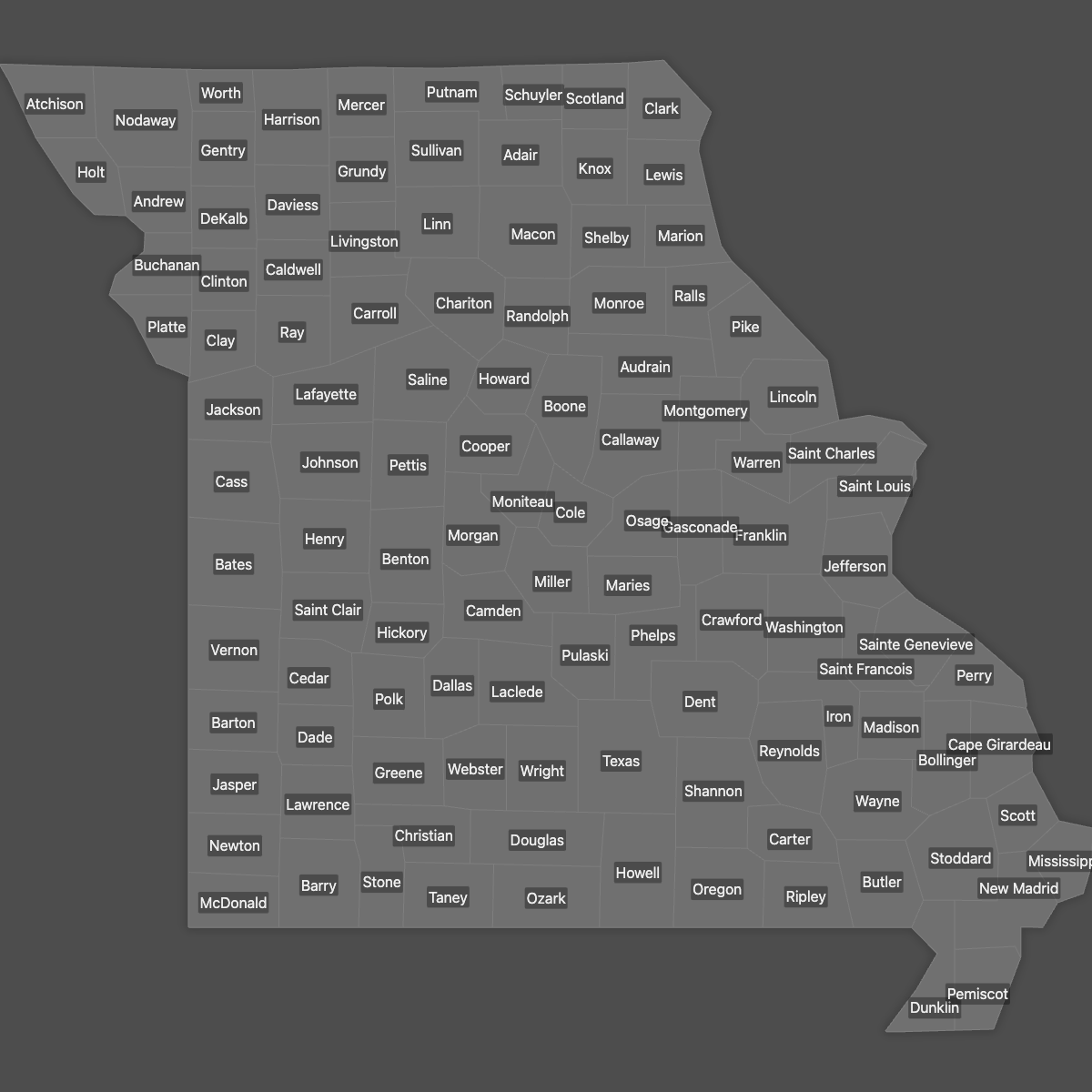 Blank Map of Missouri Counties with Labels (Dark Theme)