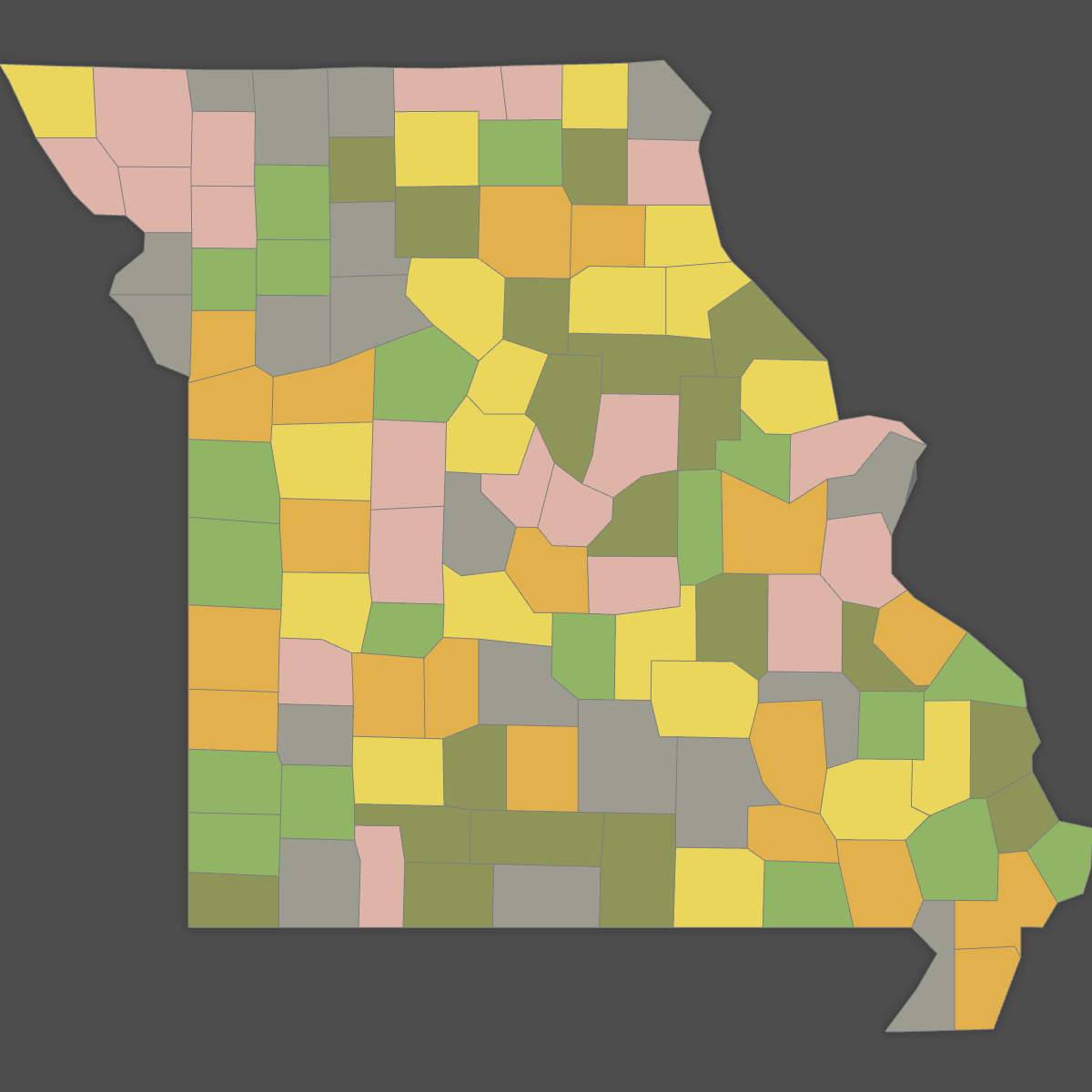 Colored Map of Missouri Counties (Dark Theme)