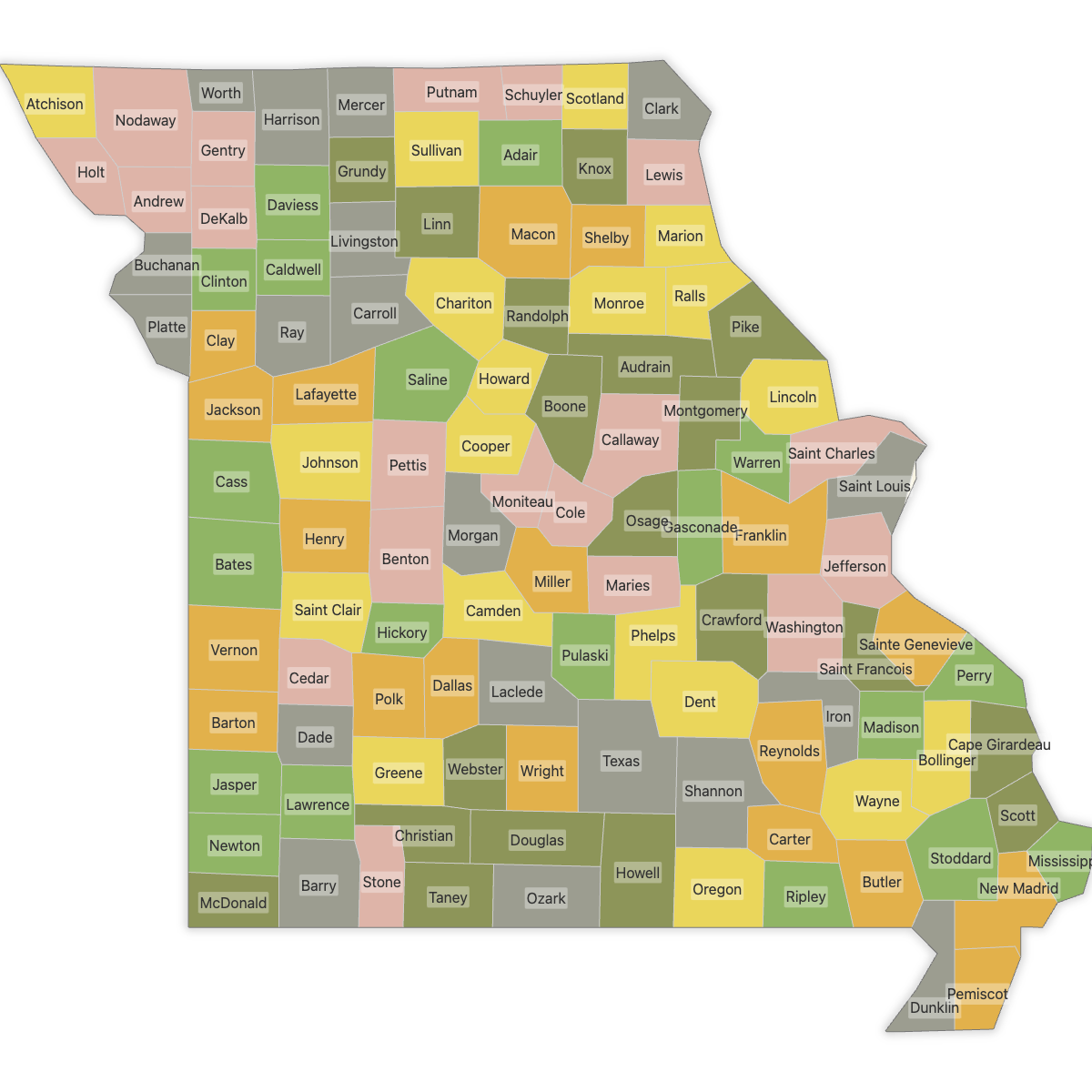 Colored Map of Missouri Counties with Labels