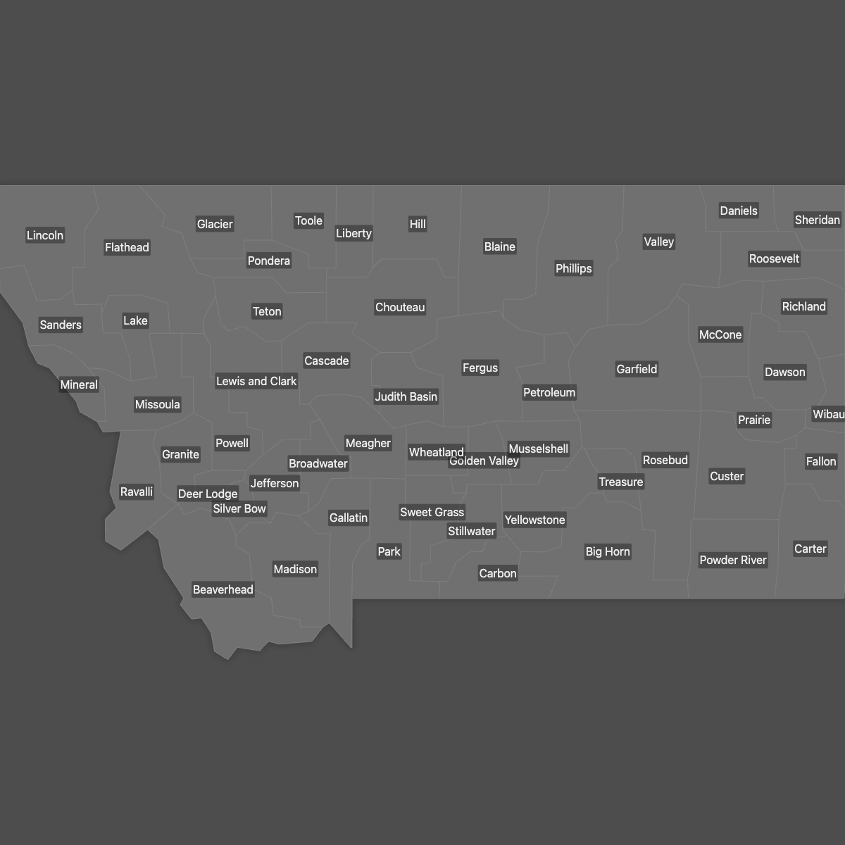 Blank Map of Montana Counties with Labels (Dark Theme)