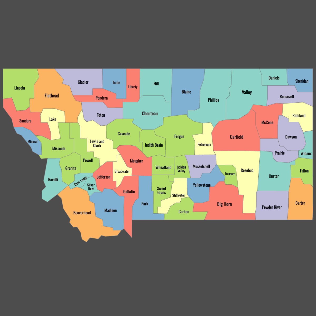 Colored Map of Montana Counties with Labels (Dark Theme)