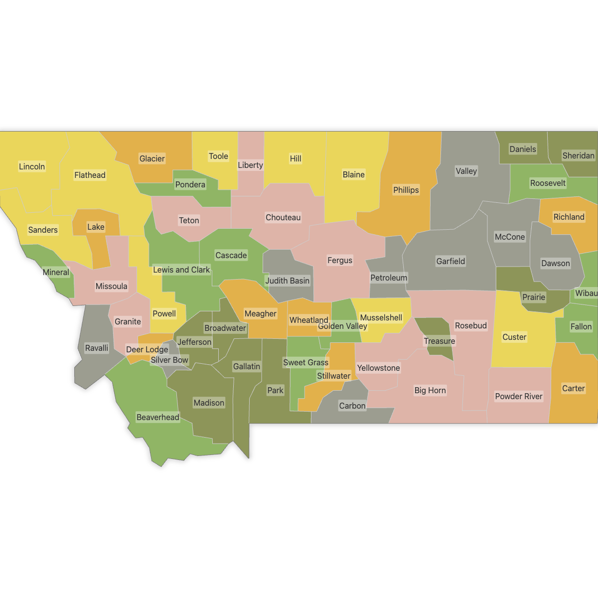 Colored Map of Montana Counties with Labels